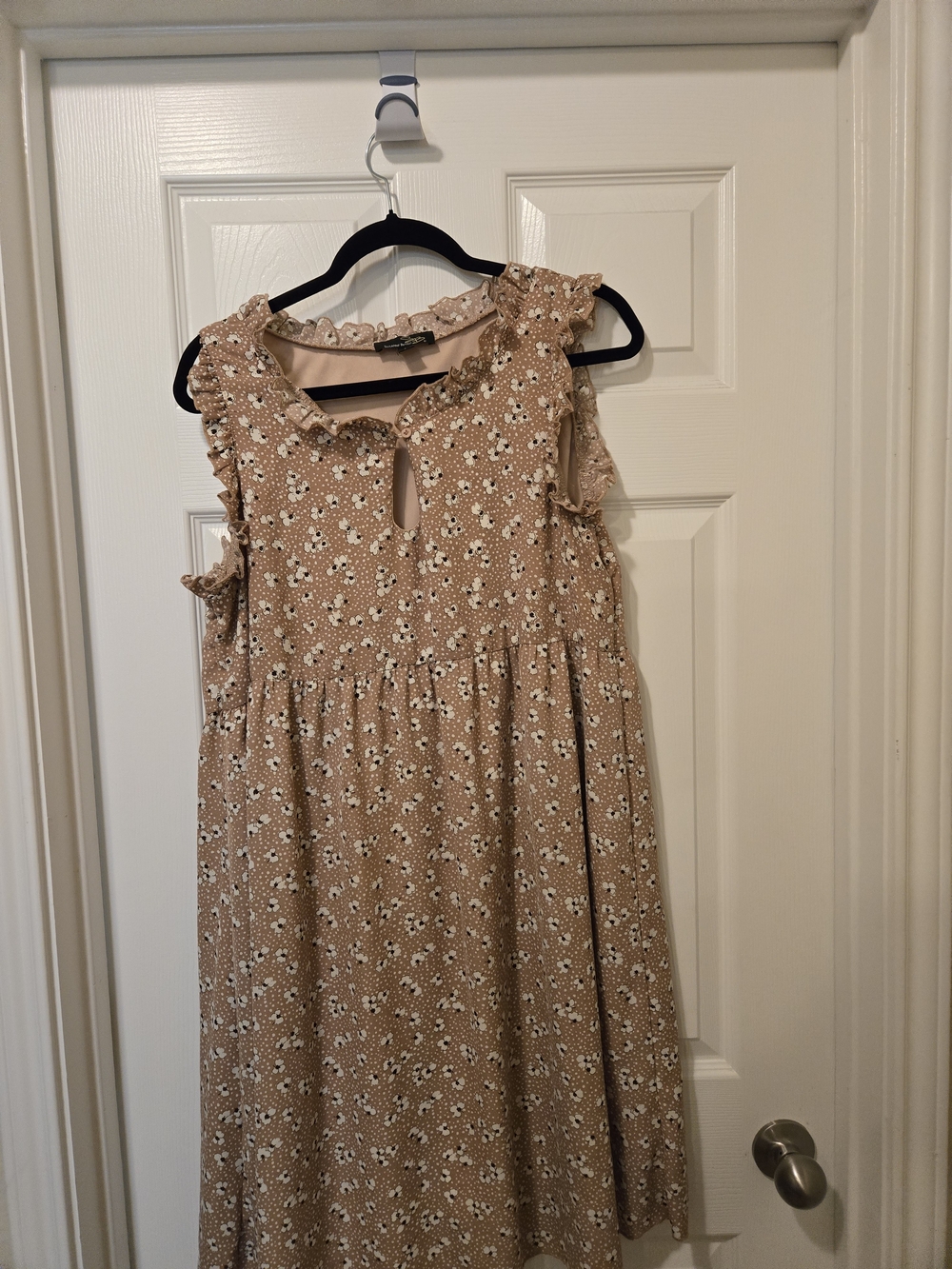 Suzanne Betro Tan Floral Ruffle Sleeve Mini Dress